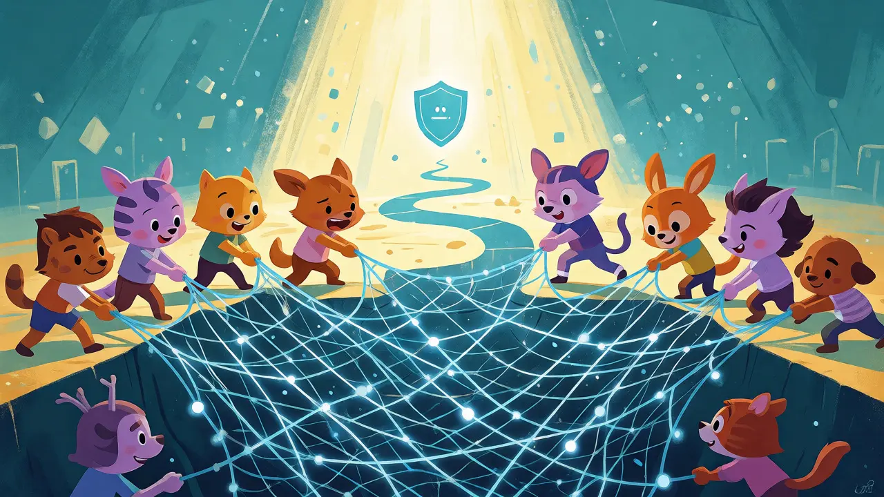 Cartoon animals pulling a glowing blockchain net from a dark pit.