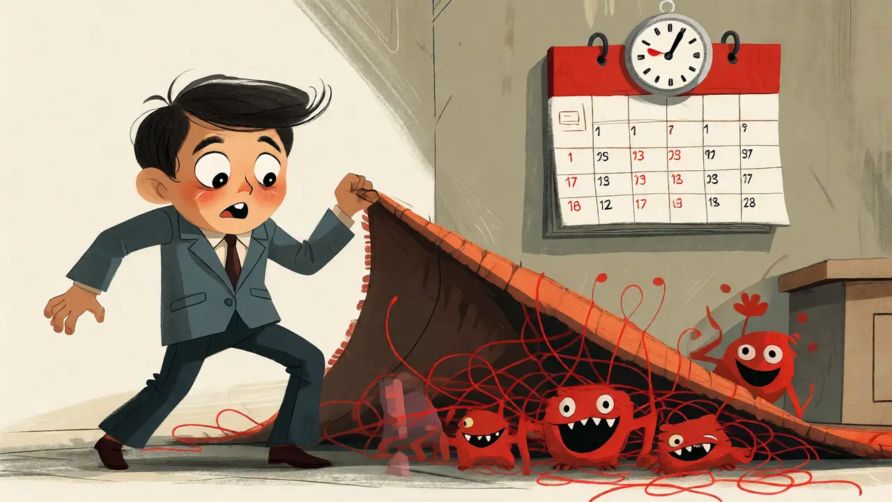 Cartoon businessman discovering hidden contract fees under a rug.