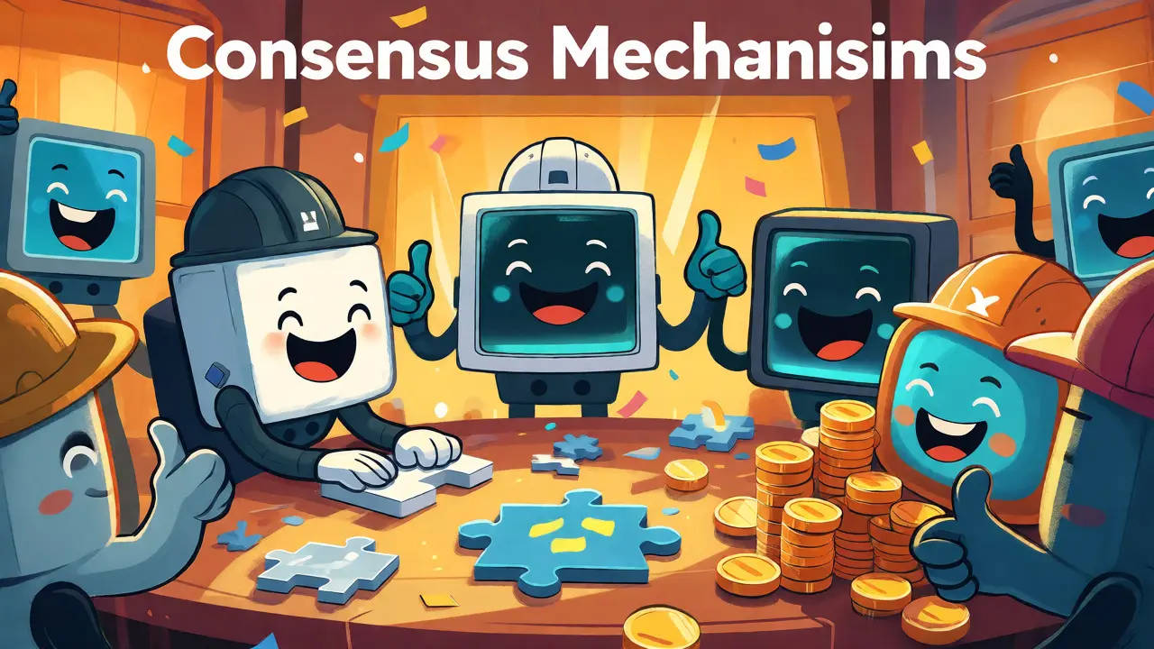 Cartoon computer nodes agreeing on transactions through puzzles and coin staking games.