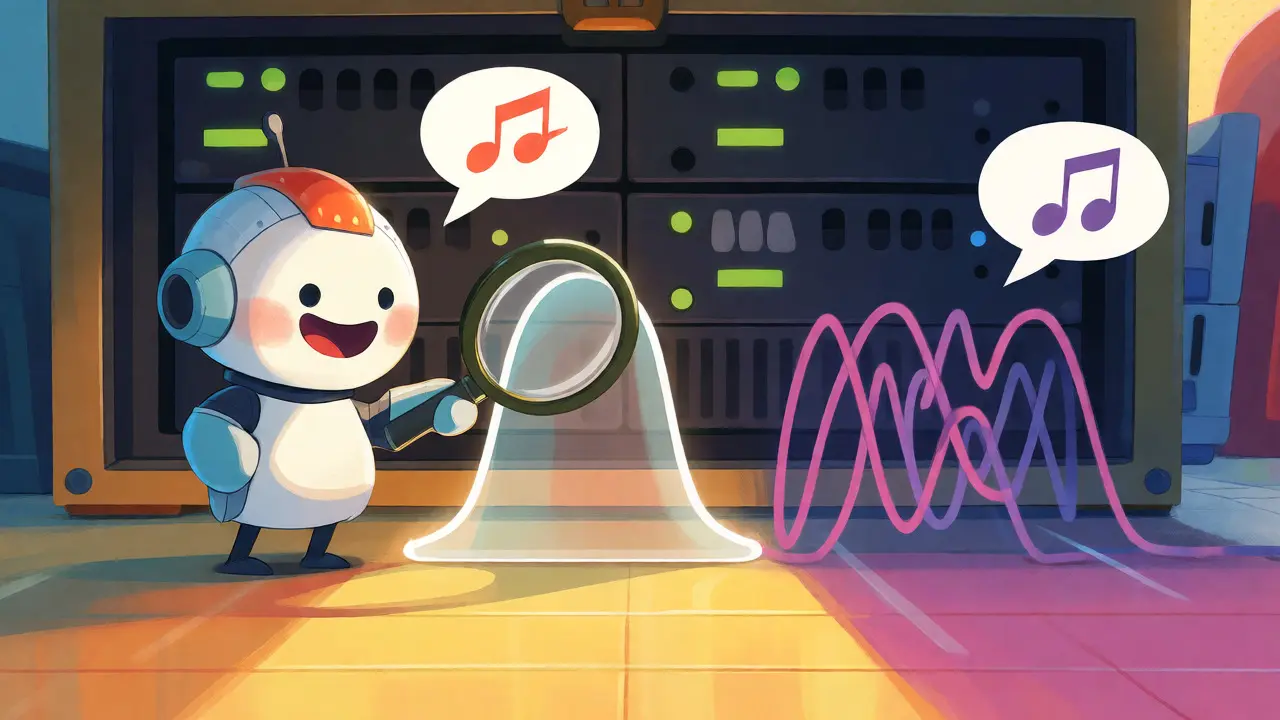Cartoon mascot analyzing smooth mono waves vs messy stereo waves