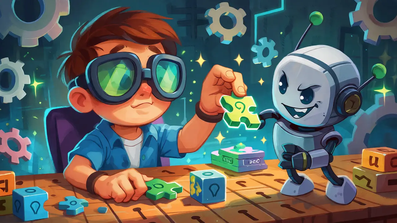 Cartoon trader managing a machine while a bot interferes with trade pieces