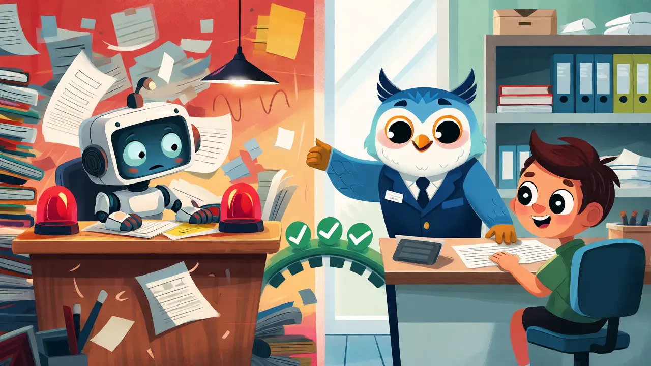 Contrast between a chaotic unlicensed office and a tidy licensed workspace guided by an owl.
