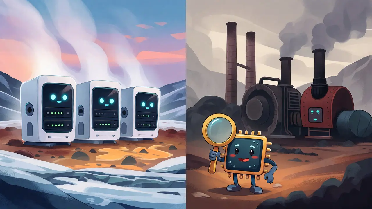 Contrast between geothermal and coal-powered crypto mining landscapes.