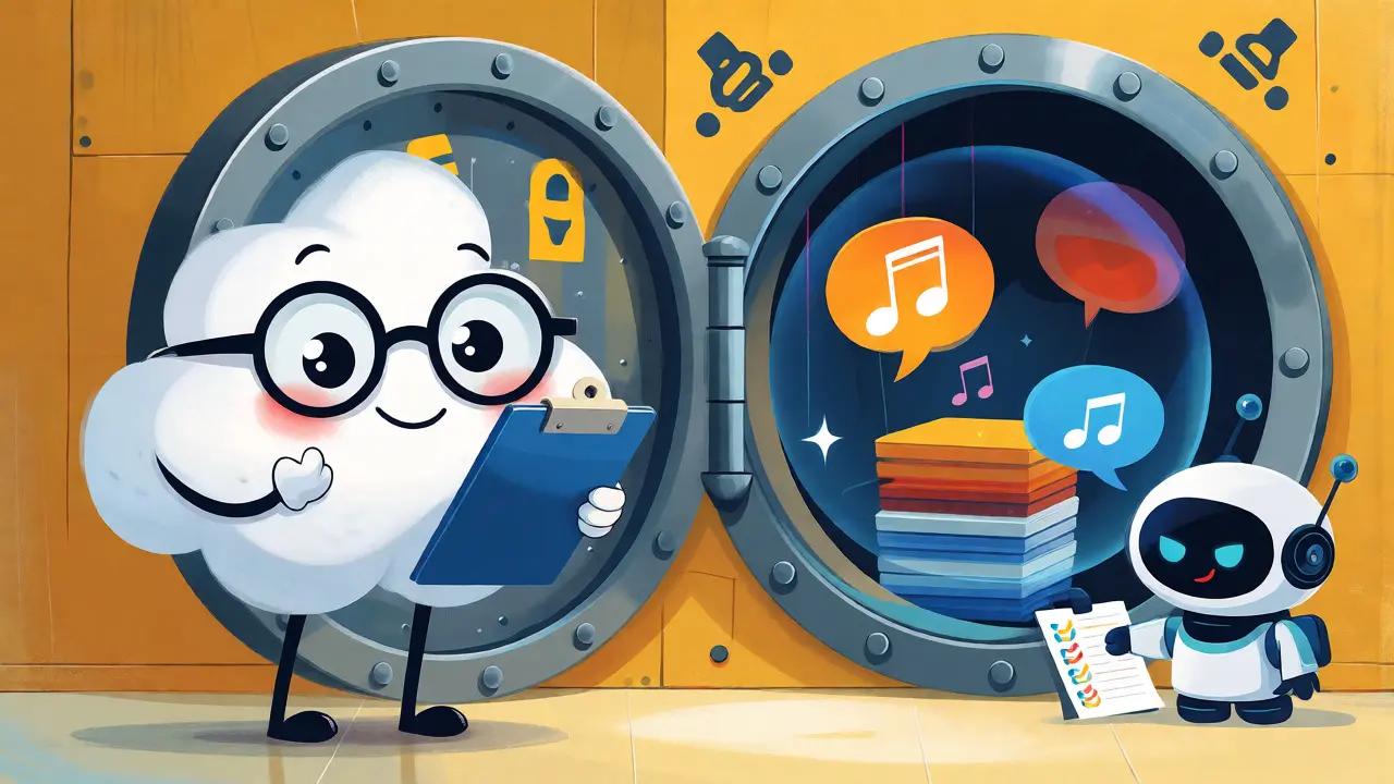 Cute cloud character guarding a vault of voice data with a robot assistant