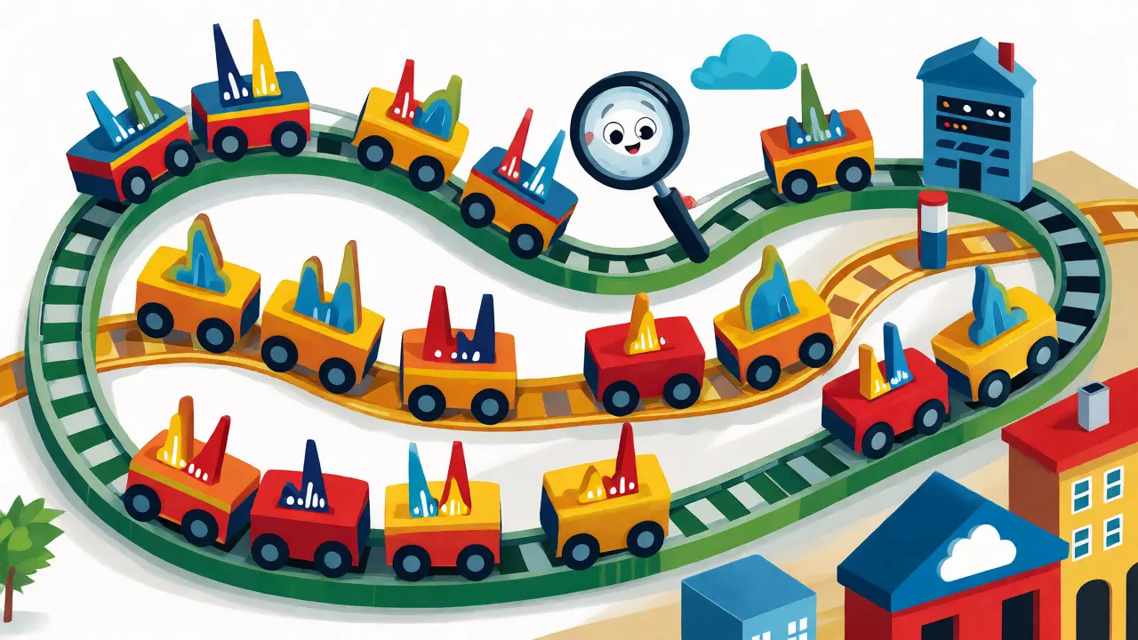 Cute packets traveling on network tracks inspected by magnifier