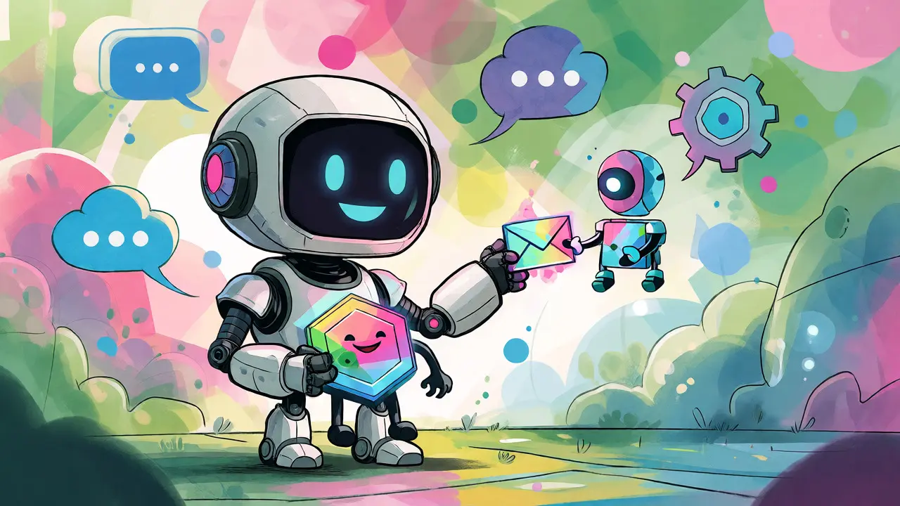 Friendly robot and animated NFT token exchanging a glowing envelope in a digital world.