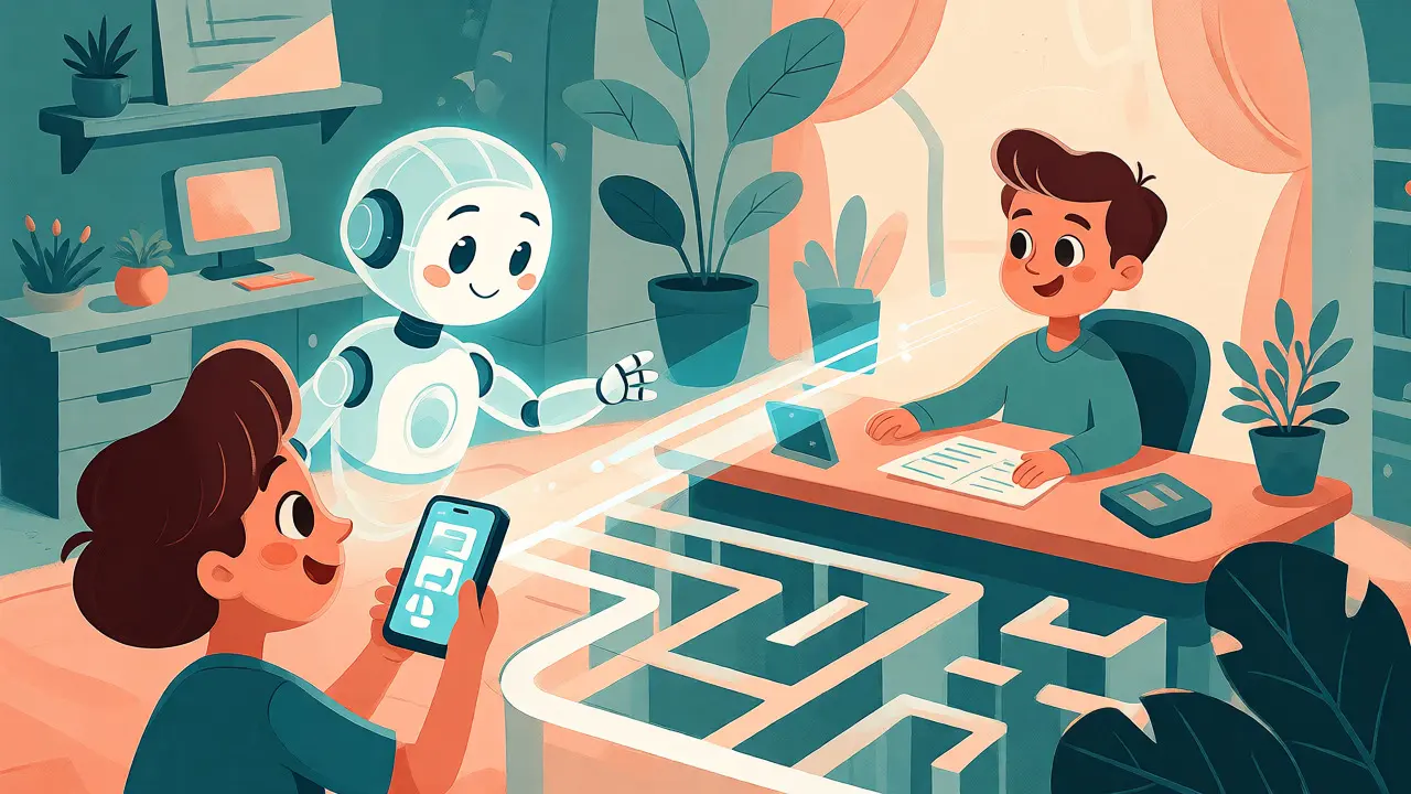 Friendly robot guide leading a call directly to a human agent via a light path