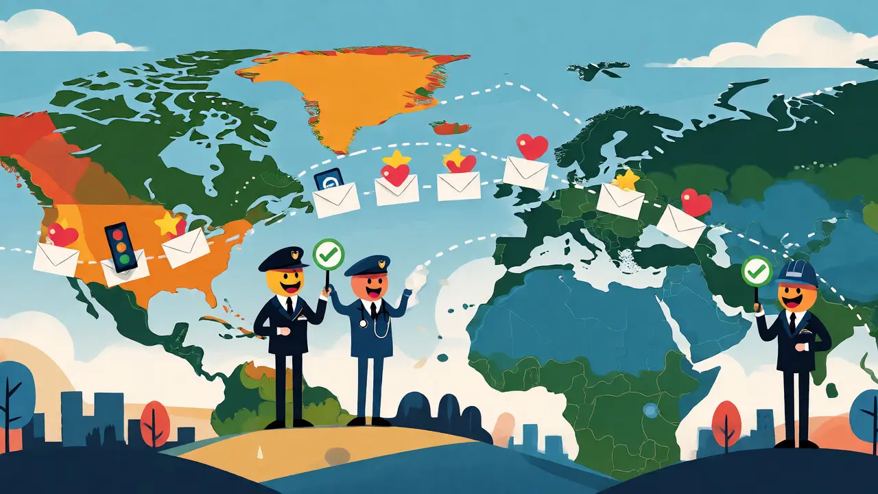 Global map with cartoon guards securing data paths between US and EU