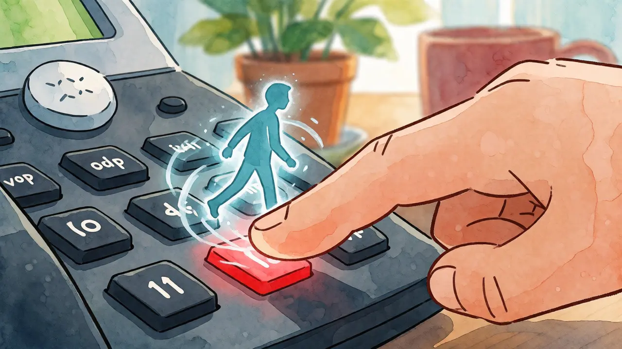 Hand pressing a glowing red button on a cartoon VoIP phone