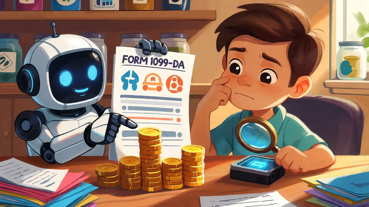 Illustration of a person reconciling crypto tax forms with a robot assistant