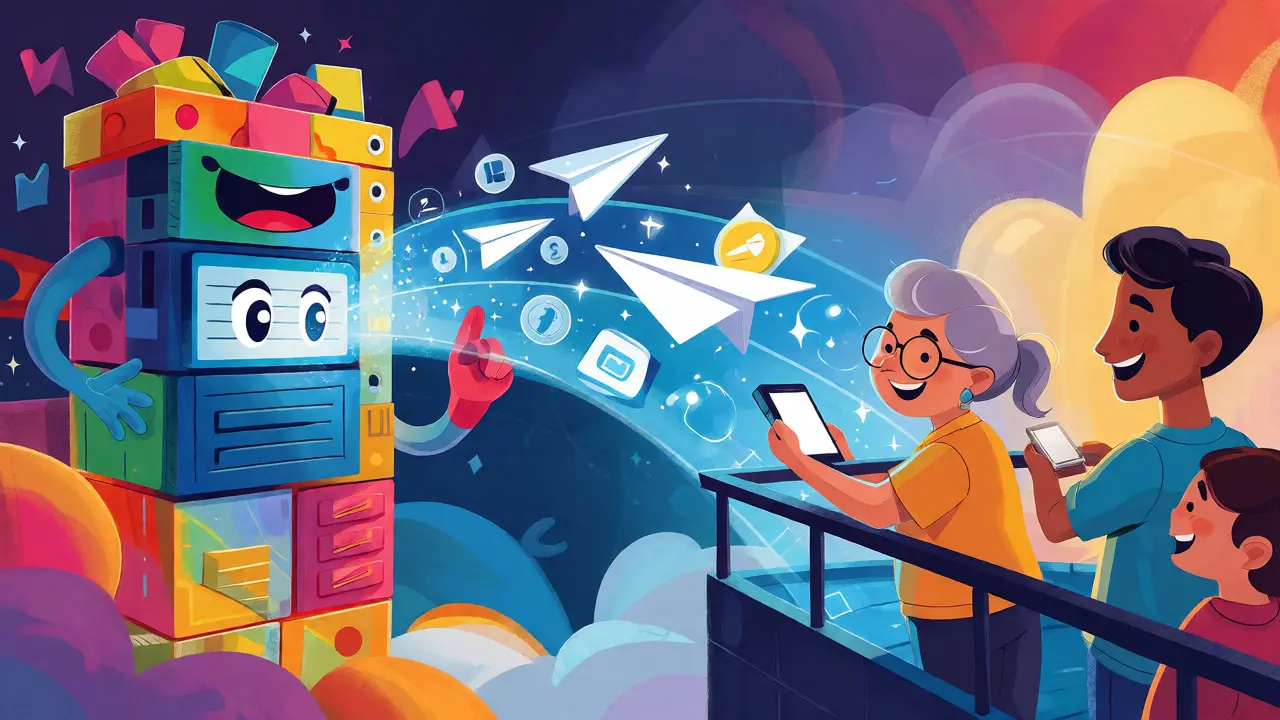 Illustration of EHR computer sending paper airplane reminders to diverse patients via a digital bridge.