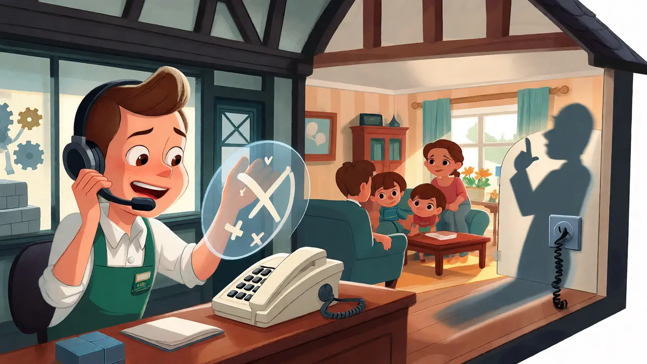 Illustration of home and business users filtering spam calls via VoIP and landlines.