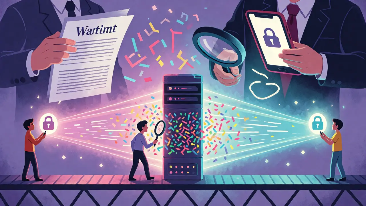 Illustration showing end-to-end encryption where users hold keys while providers see only scrambled data.