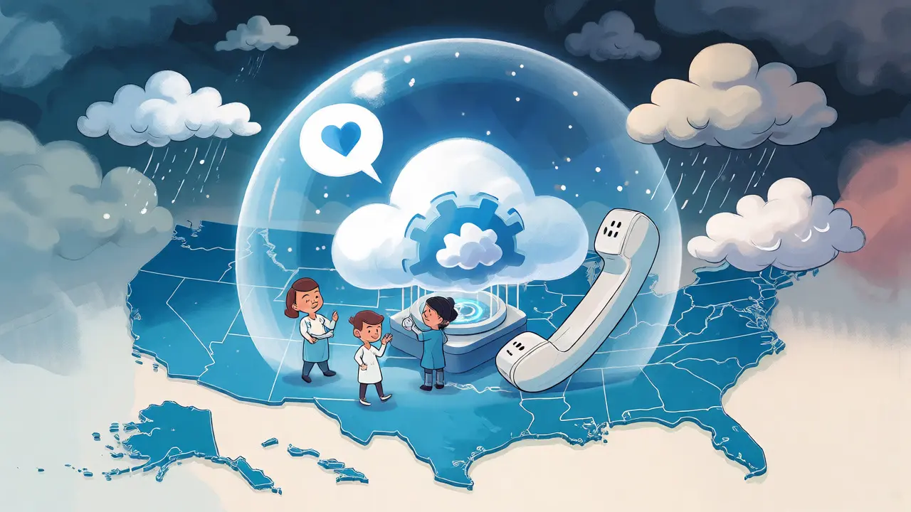 Protected communication bubble over a US map with cloud servers and medical staff inside, blocking storms.