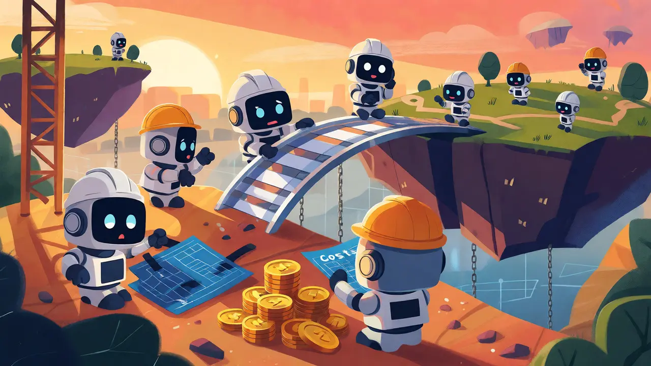Robot engineers building a bridge between floating islands