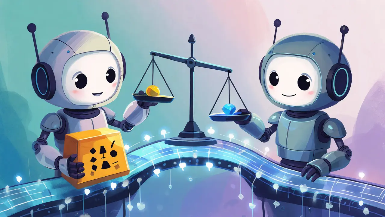 Robots balancing heavy weights and small gems to show bitrate optimization sweet spot