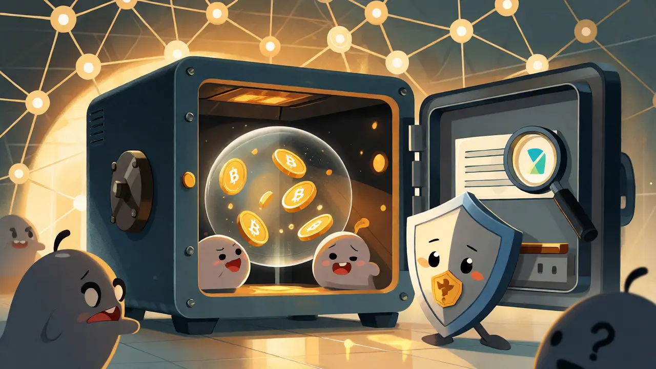 Secure digital vault protecting crypto coins from sneaky bad actors with a shield character.