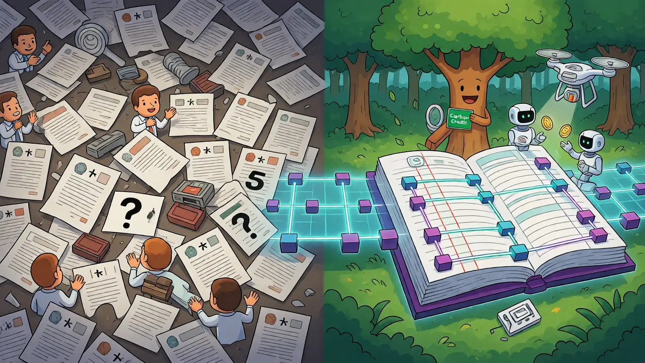 Traditional paperwork vs. blockchain ledger over a forest