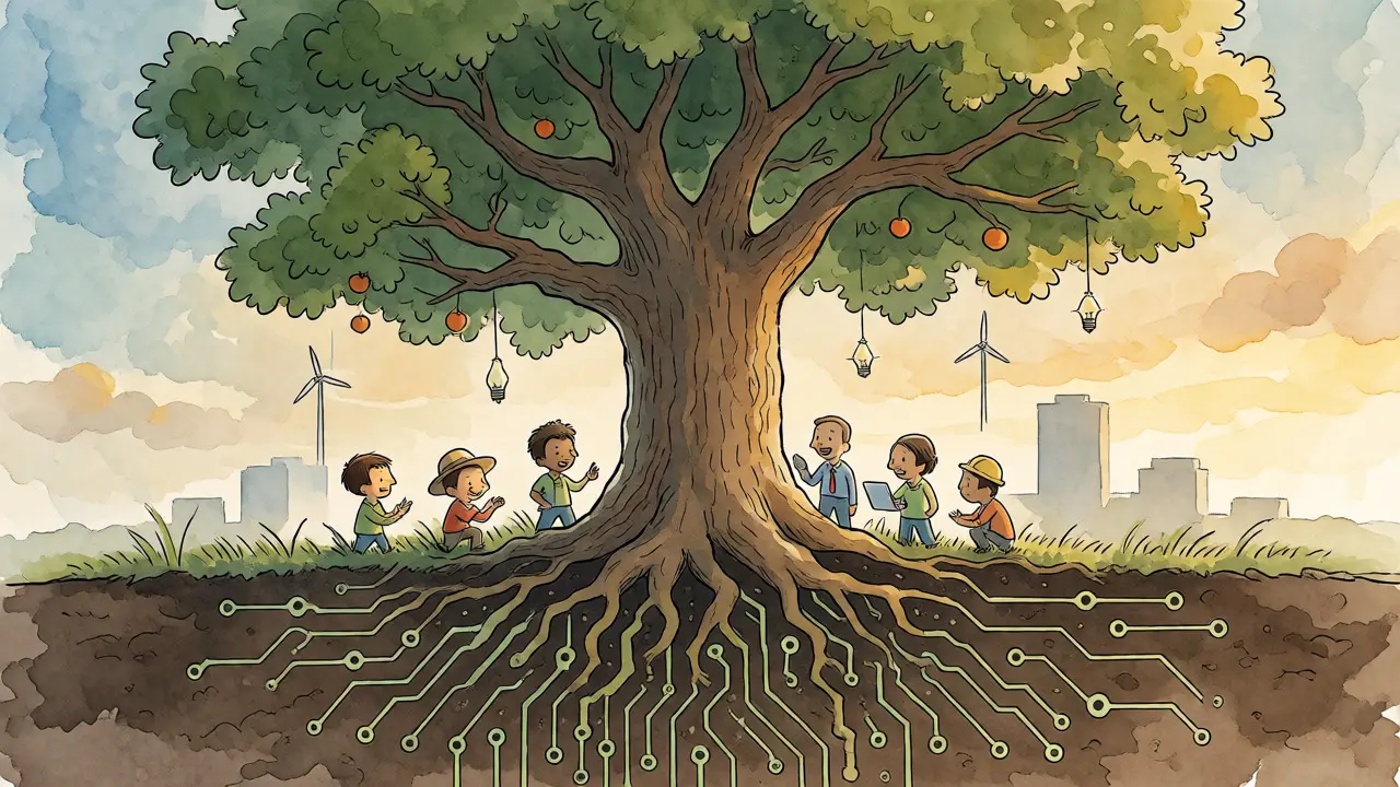 Tree with circuit roots surrounded by collaborative figures