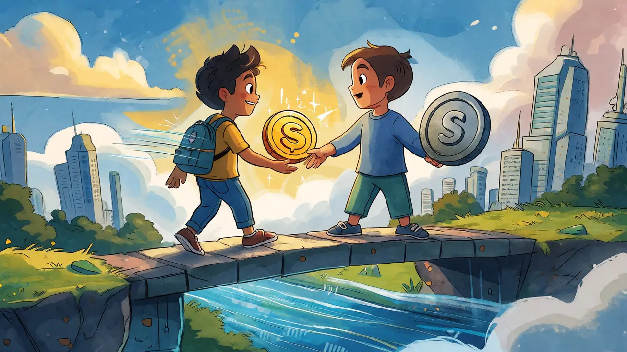 Two characters bridging utility and governance tokens in a digital world