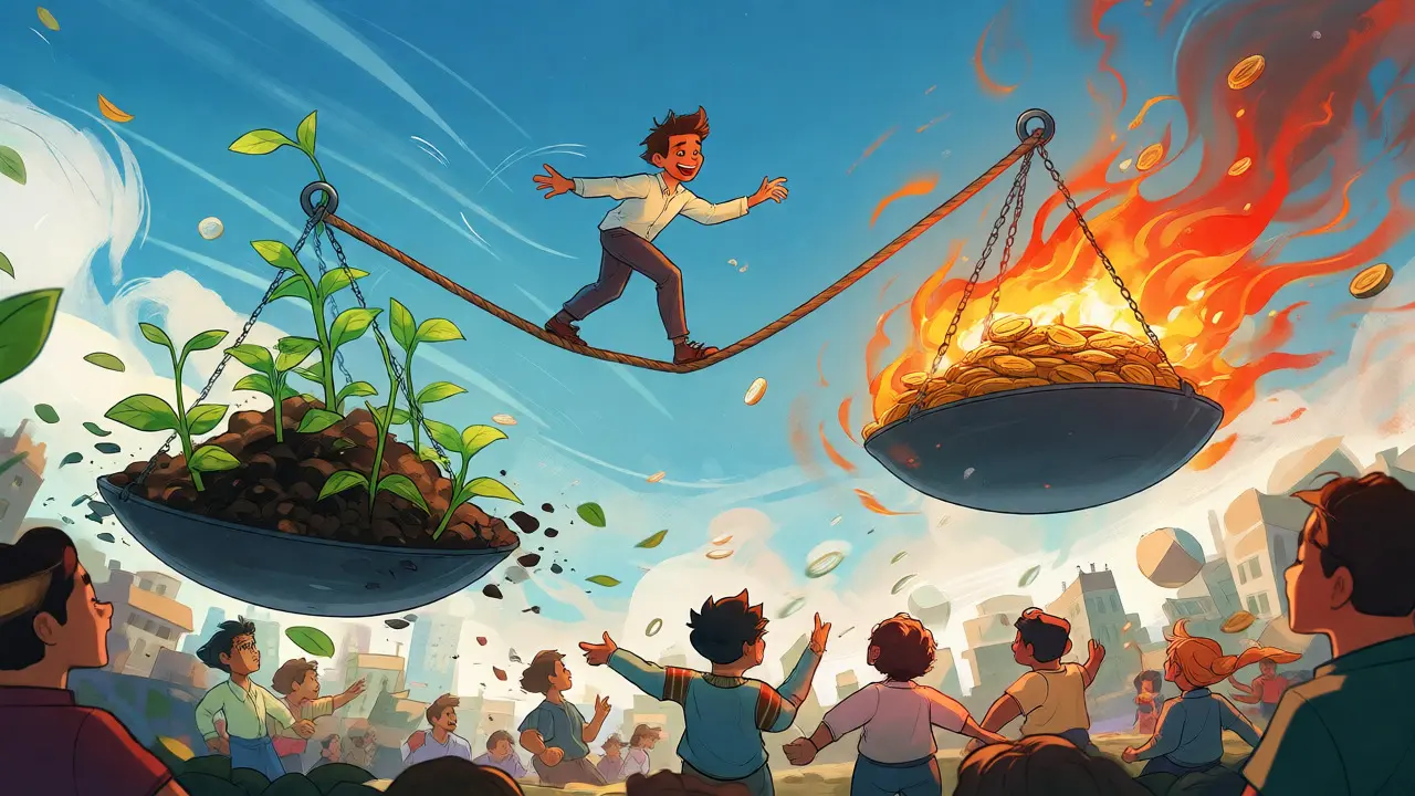 Validator balancing staking rewards and fee burning on a tightrope above a city