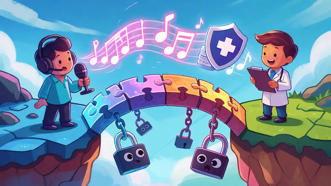 Whimsical bridge connecting two islands where voice messages become secure medical files.