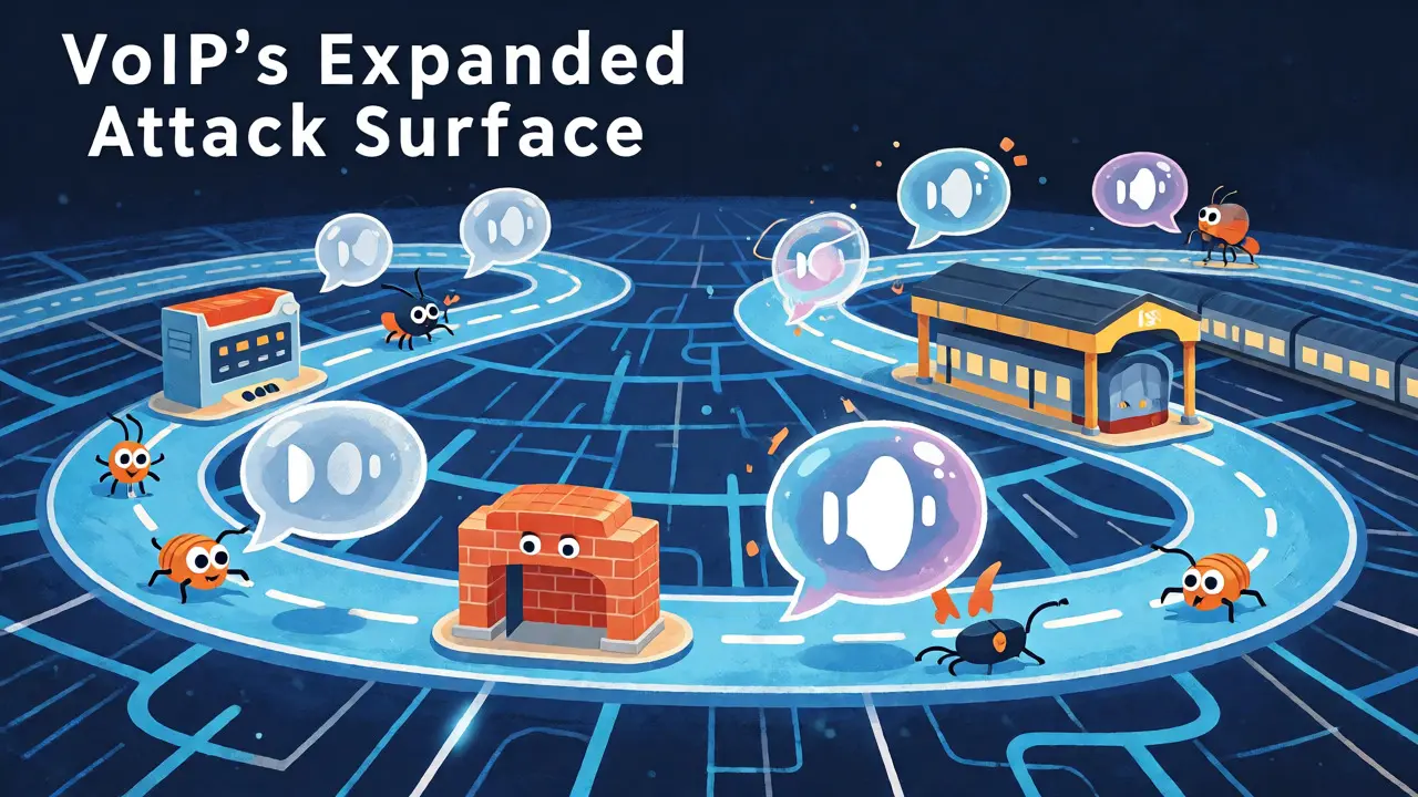 Whimsical drawing of voice data packets traveling across a digital highway guarded by routers and firewalls.