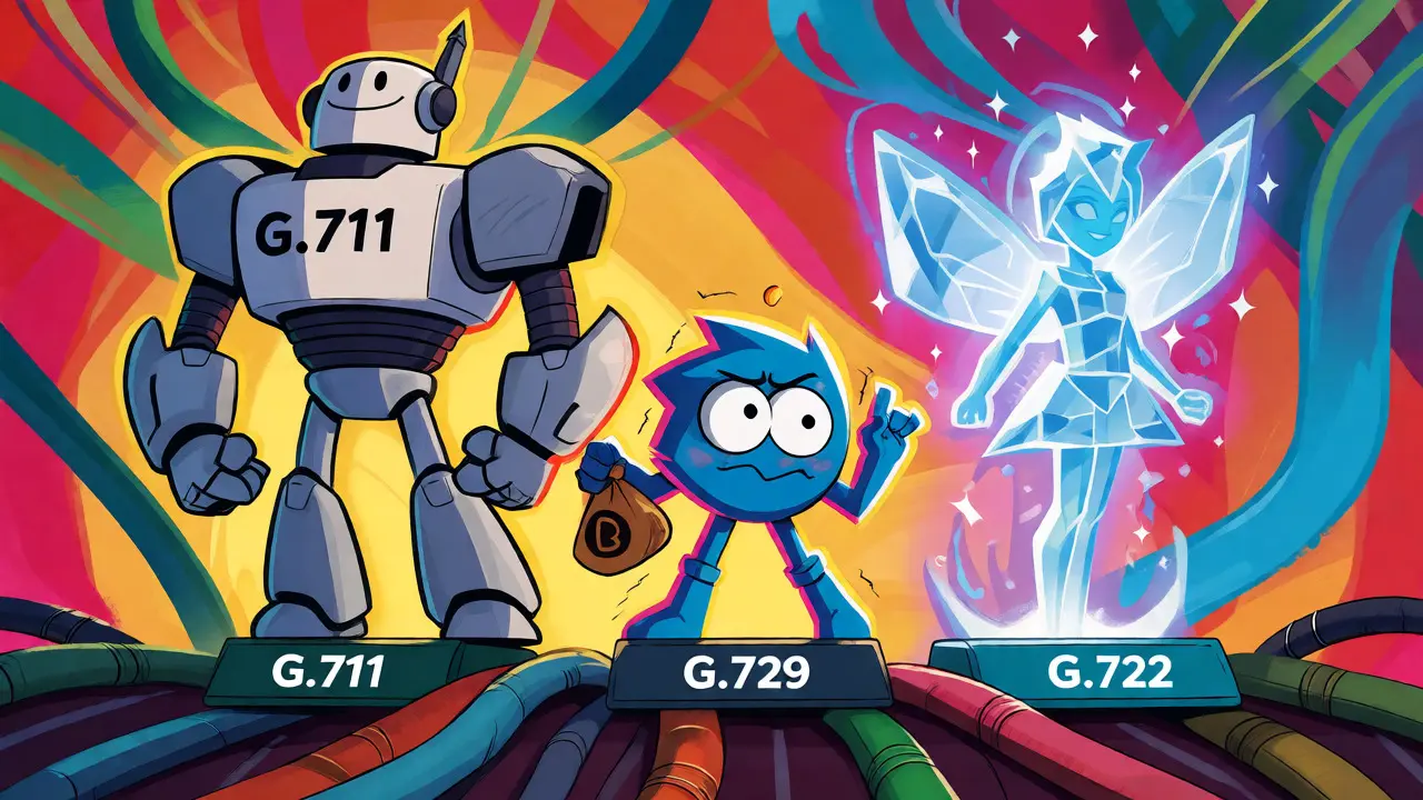 Whimsical illustration of G.711, G.729, and G.722 codecs personified as characters on a network stage.