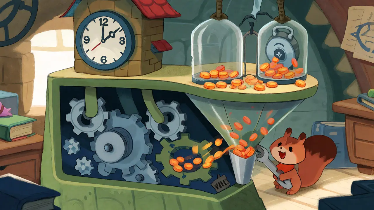 Whimsical machine illustrating token supply mechanics with gears and locked tokens.