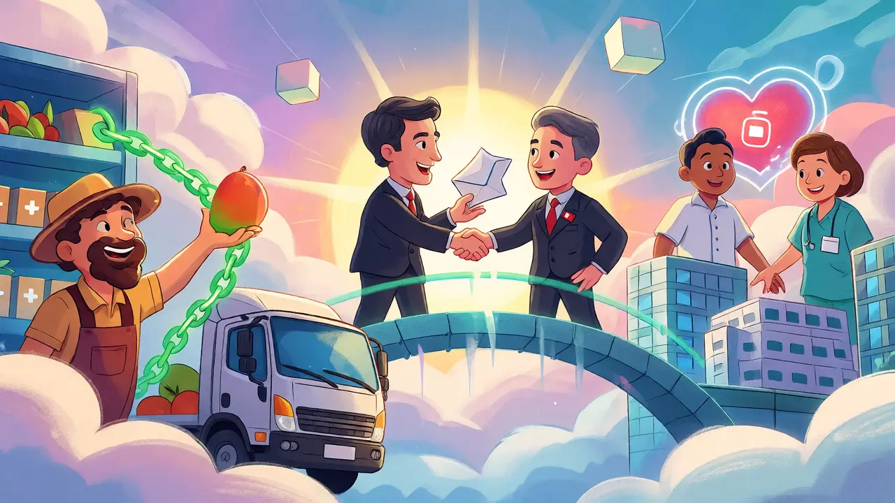 Whimsical scene showing DLT connecting farms, banks, and hospitals with glowing links.
