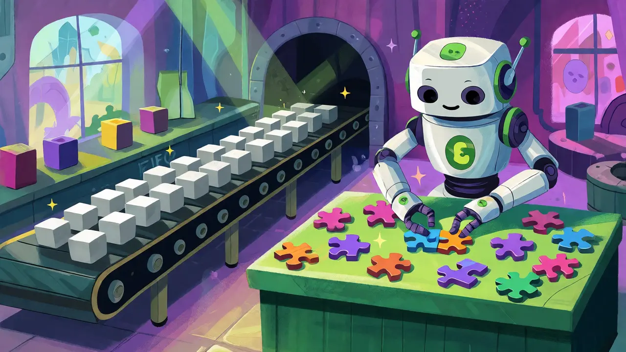 Whimsical workshop where robots sort digital puzzle pieces using algorithms.