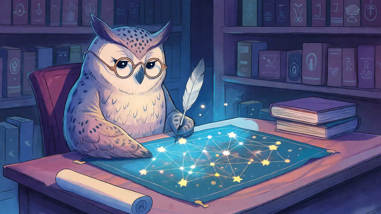 Wise owl analyzing a blockchain constellation map in a quiet study setting.